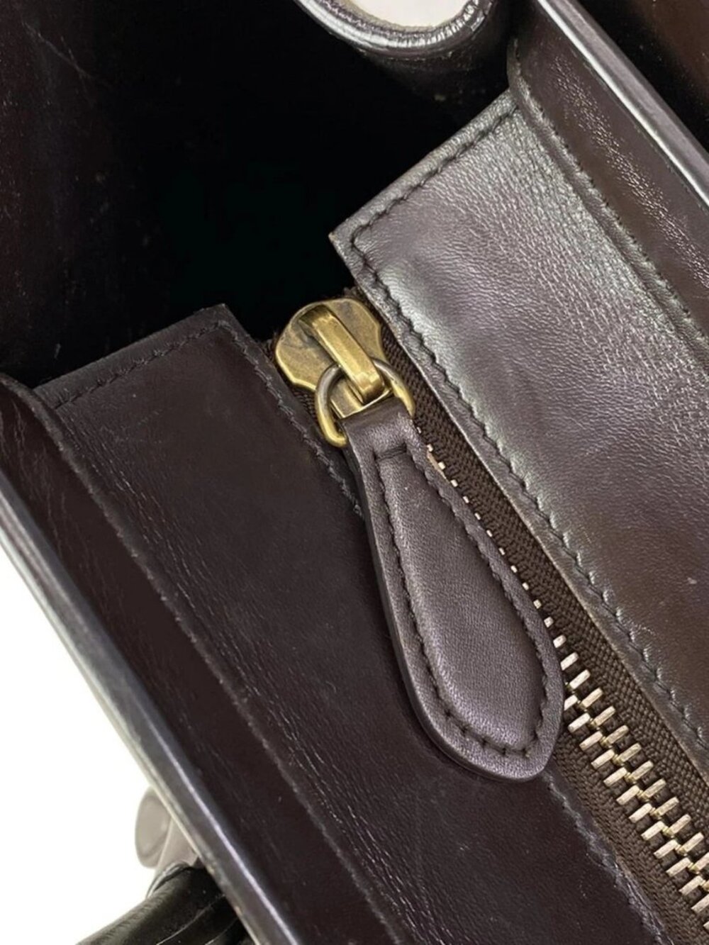 CELINE Luggage Micro Shopper - Dark Brown White Gray Beige Leather Handbag - Picture 9 of 15